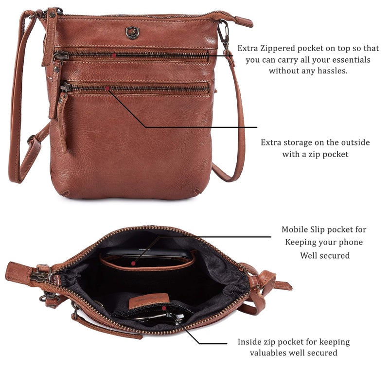 Cochoa Crossbody Sling Bag for Women Small Real Leather Purse Vintage Travel Crossover Shoulder Bag Handmade (Cognac Washed Vintage) - Image 2